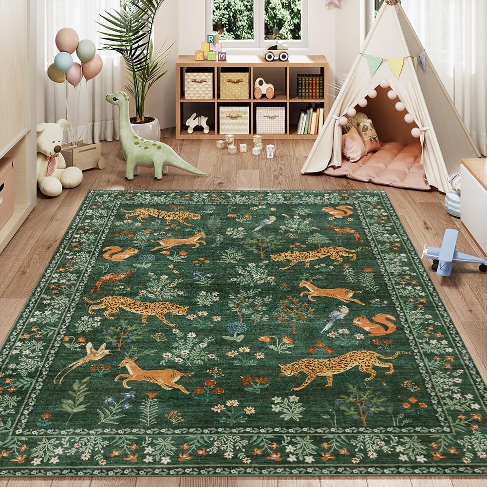 8x10 Green Animal Washable Area Rug for Living Room, Dining Room, Bedroom, Large Carpets, Non Slip & Non-Shedding Low Pile Vintage Print Rug for Home Office Decor