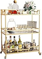 Vista 20 de Carrito de bar dorado con almacenamiento de botellas y copa de vino, carrito de bar con ruedas para interiores y exteriores, patio, carrito