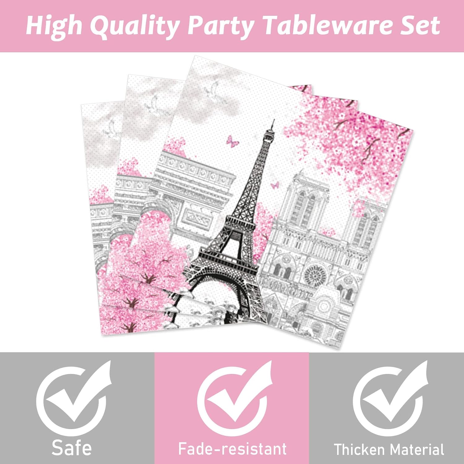 Naozinebi 200pcs Paris Eiffel Tower Plates Napkins Parisian Party Paris European City Tableware Set Landscape Pink Dinnerware Paper Tableware Bundle Baby Shower Decor Supplies Serve 50