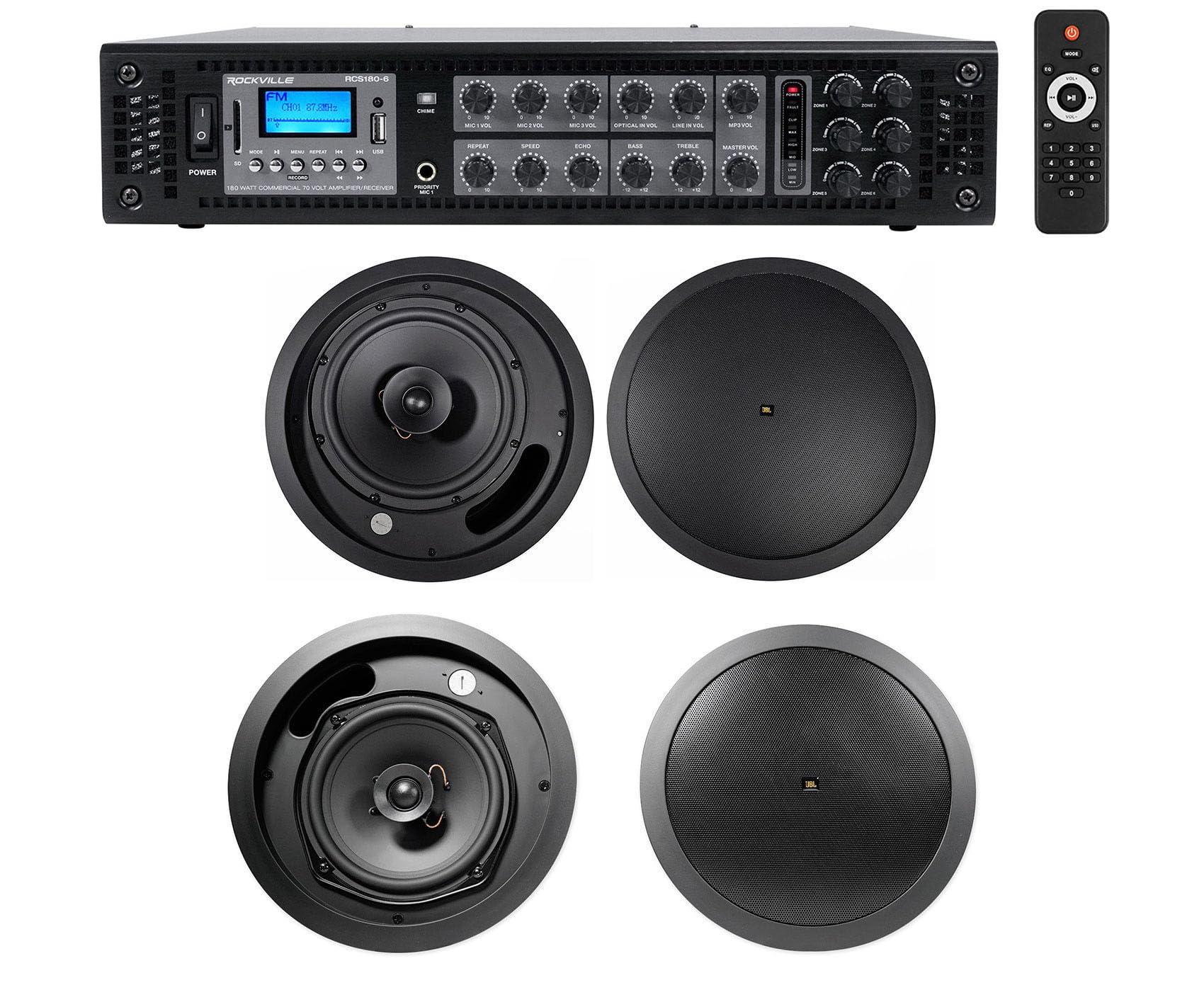 Rockville Bundle: (1) RCS180-6 180 Watt 6 Zone 70v Restaurant Amplifier Bundle with (2) Control 18C/T-BK 8