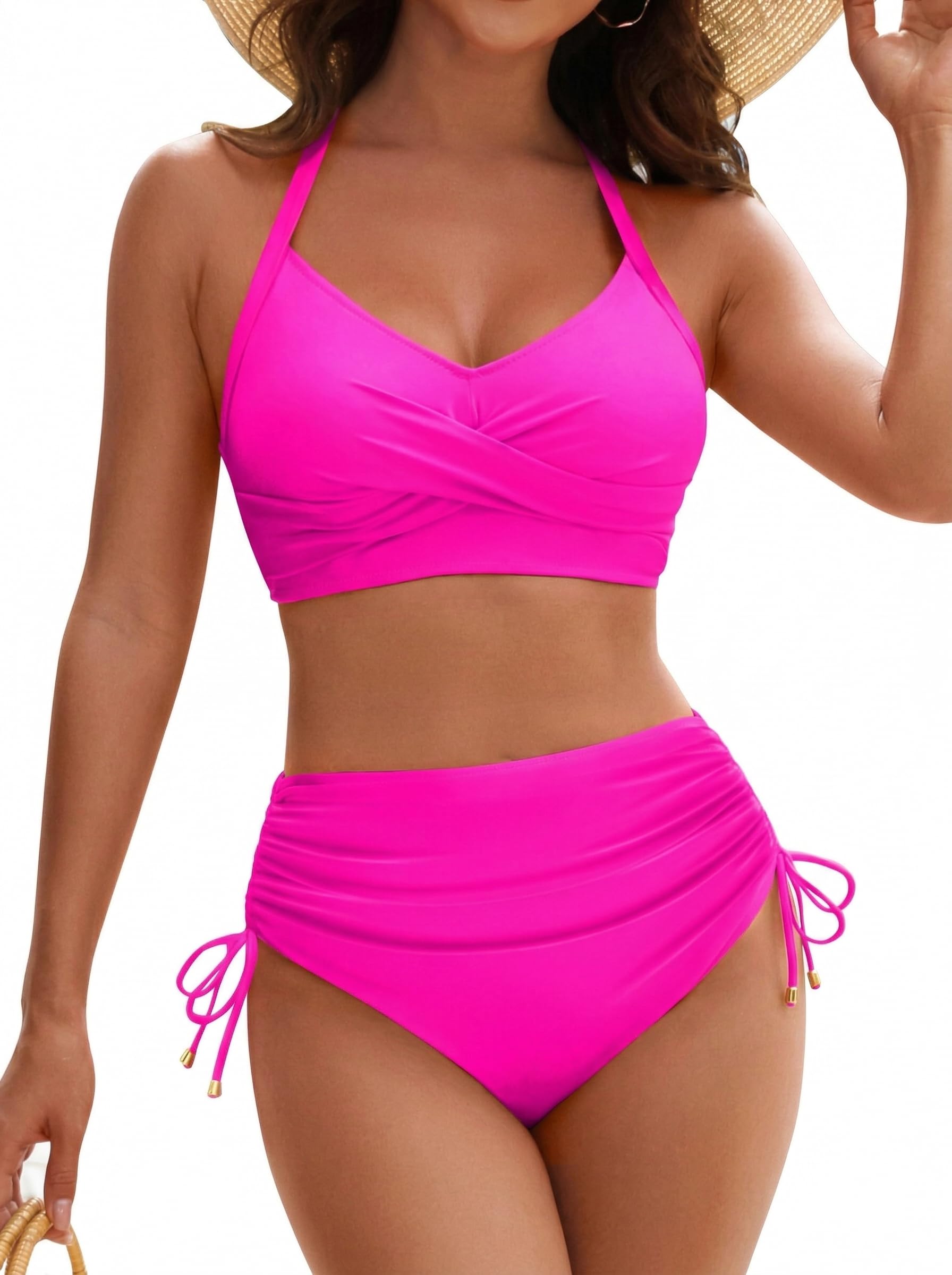 Bikini para mujer con cintura alta y cordón para control de abdomen, traje de baño cruzado con lazo trasero