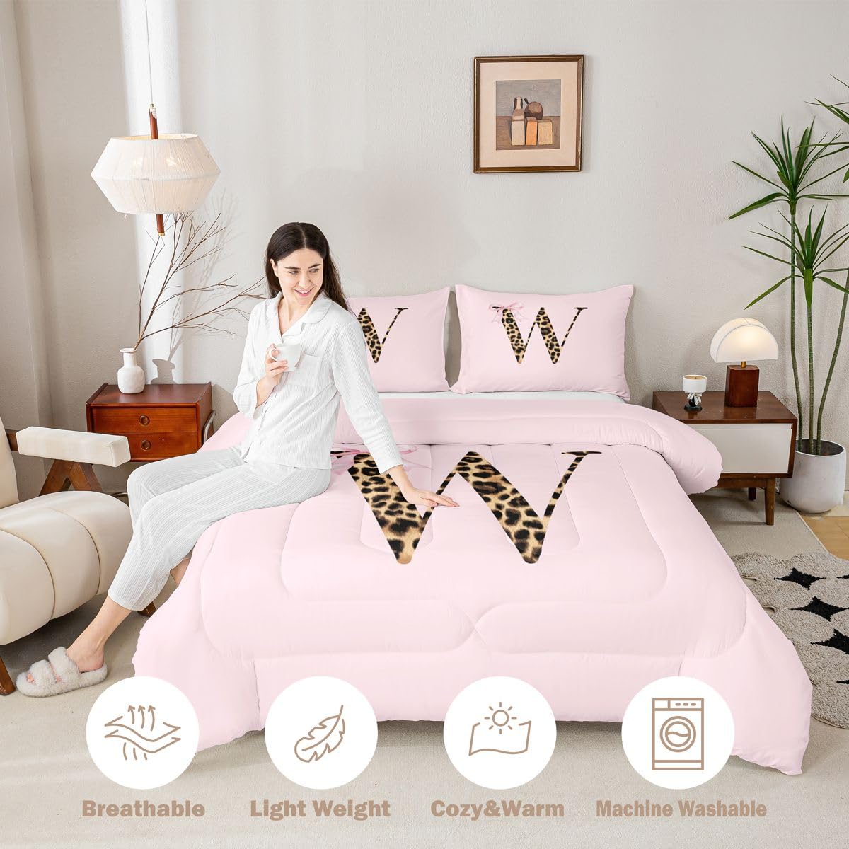 Homewish Homwish różowa gepard kokarda podwójne zestawy pościeli - nowoczesny zestaw pościeli w panterkę litera W modny stylowy modny zestaw kołdry - urocza kołdra z monogramem kokarda bez pokrowca