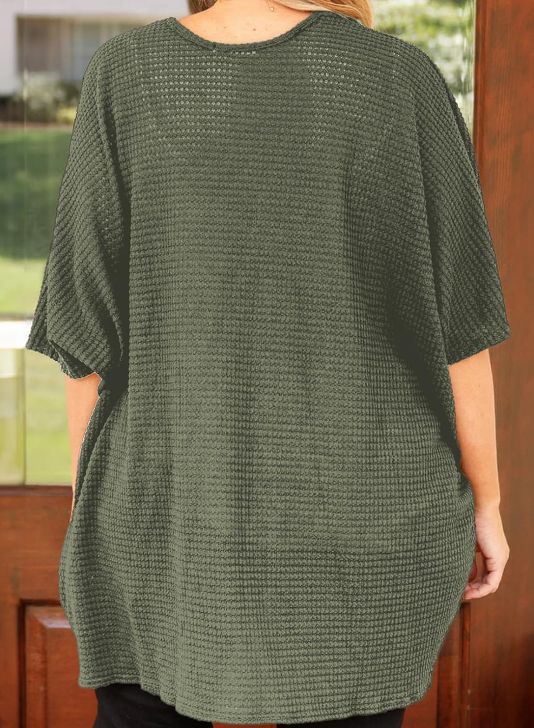 Eytino Womens Plus Size Cardigan Casual Short Sleeve Waffle Knit Kimono Open Front Tops(1X-5X) - Image 2