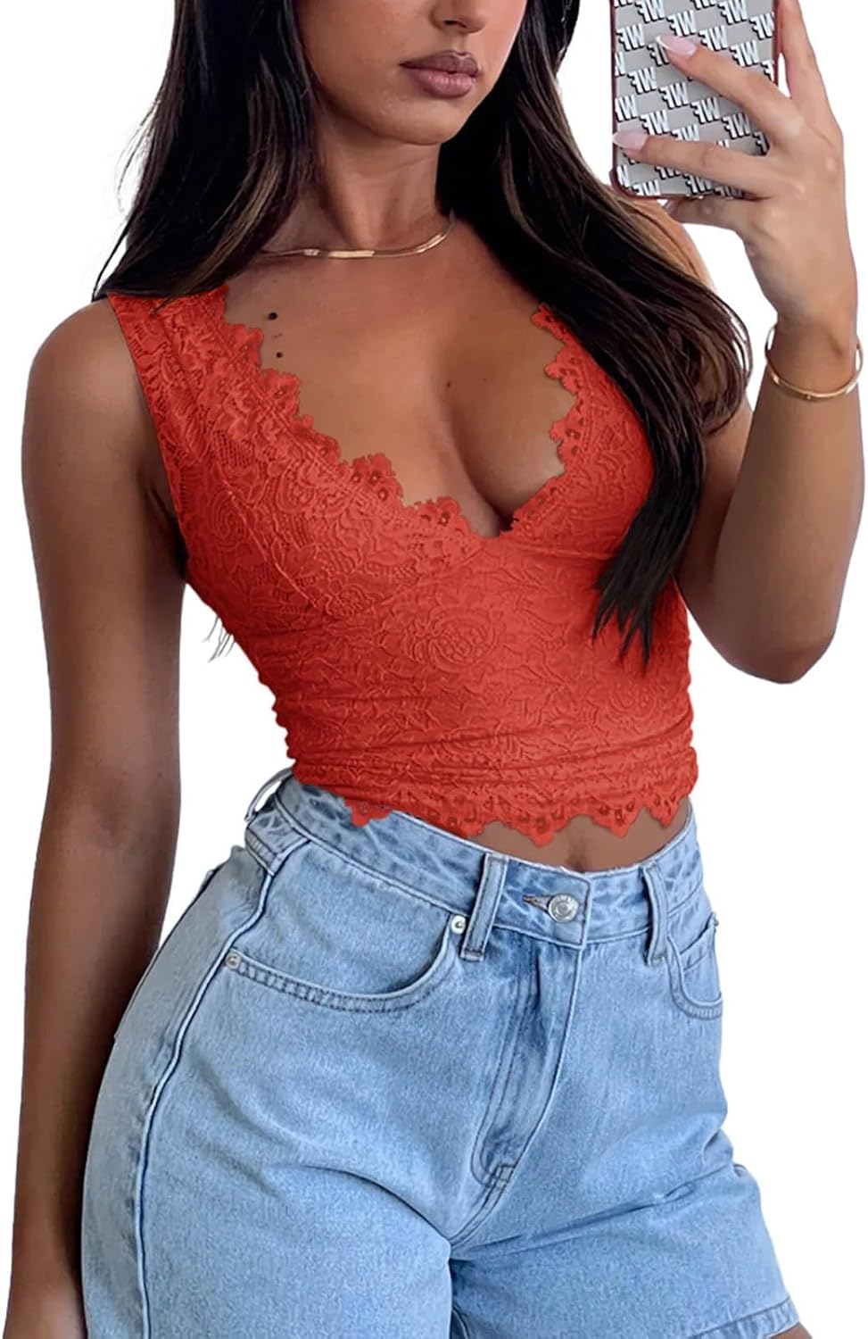 Women Sexy Cropped Lace Top Sleeveless V-Neck Lace Trim Crop Top Slim Fit Summer Tank Top Streetwear - Image 5