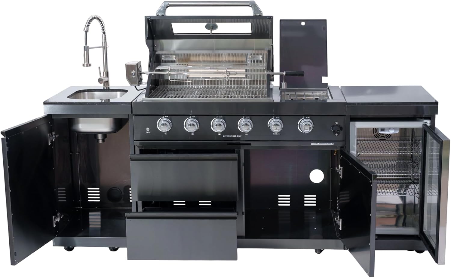 Premium Outdoor Kitchen Island with 304 Stainless Steel Gas Grill, Built-in Sink, Wine & Beverage Refrigerator, and Rotisserie Kit - Integrated LED Lighting for Backyard (Black- 85", Natural Gas)