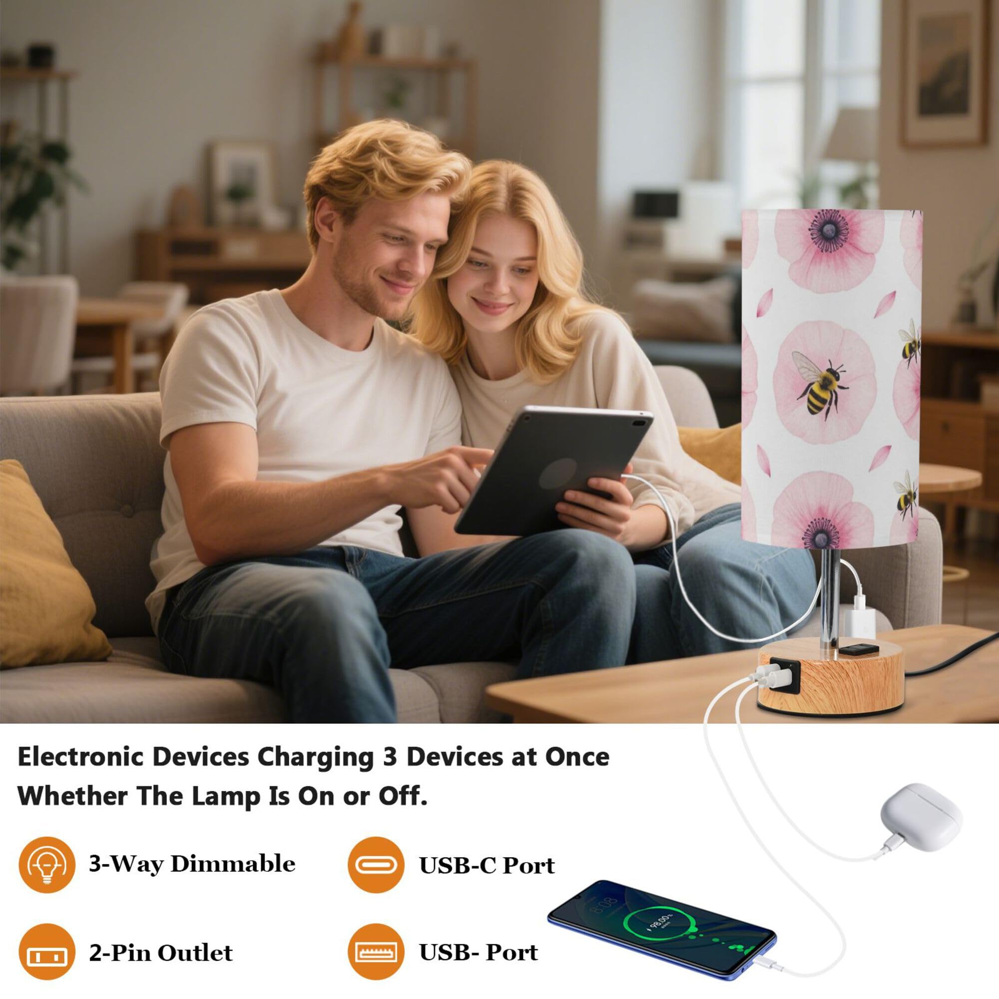 Yuiboo Blush Anemone Bee Print Lampy stołowe z portami USB C+A 3 temperatury barwowe do stojaków nocnych