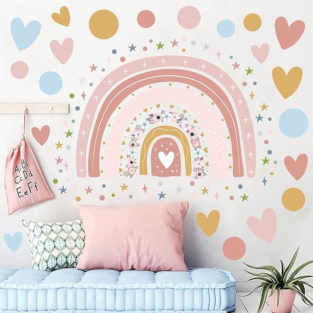 Tanlaby Large Rainbow Flower Wall Stickers Boho Rainbow Wall Decal Colorful Dots Hearts Stars Wall Decor DIY Vinyl Mural Art for Girls Baby Nursery Bedroom Playroom Home Wall Decoration
