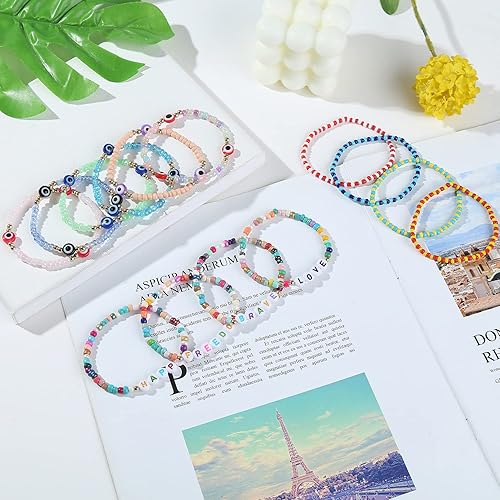 Miniatura 5 de 22 pulseras con cuentas de mal de ojo pulseras coloridas ajustables y elásticas hechas a mano pulseras de amuleto de buena suerte para mujeres y