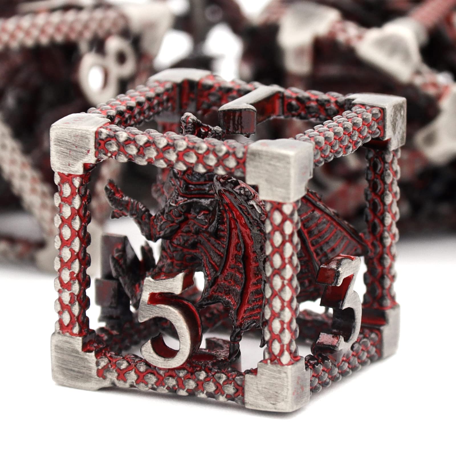 KERWELLSI Set Di Dadi Metallici Per D&D – Rame Rosso, 7 Pezzi Da 16 Mm Con Scatola Di Latta, Design Cavo A Tema Drago