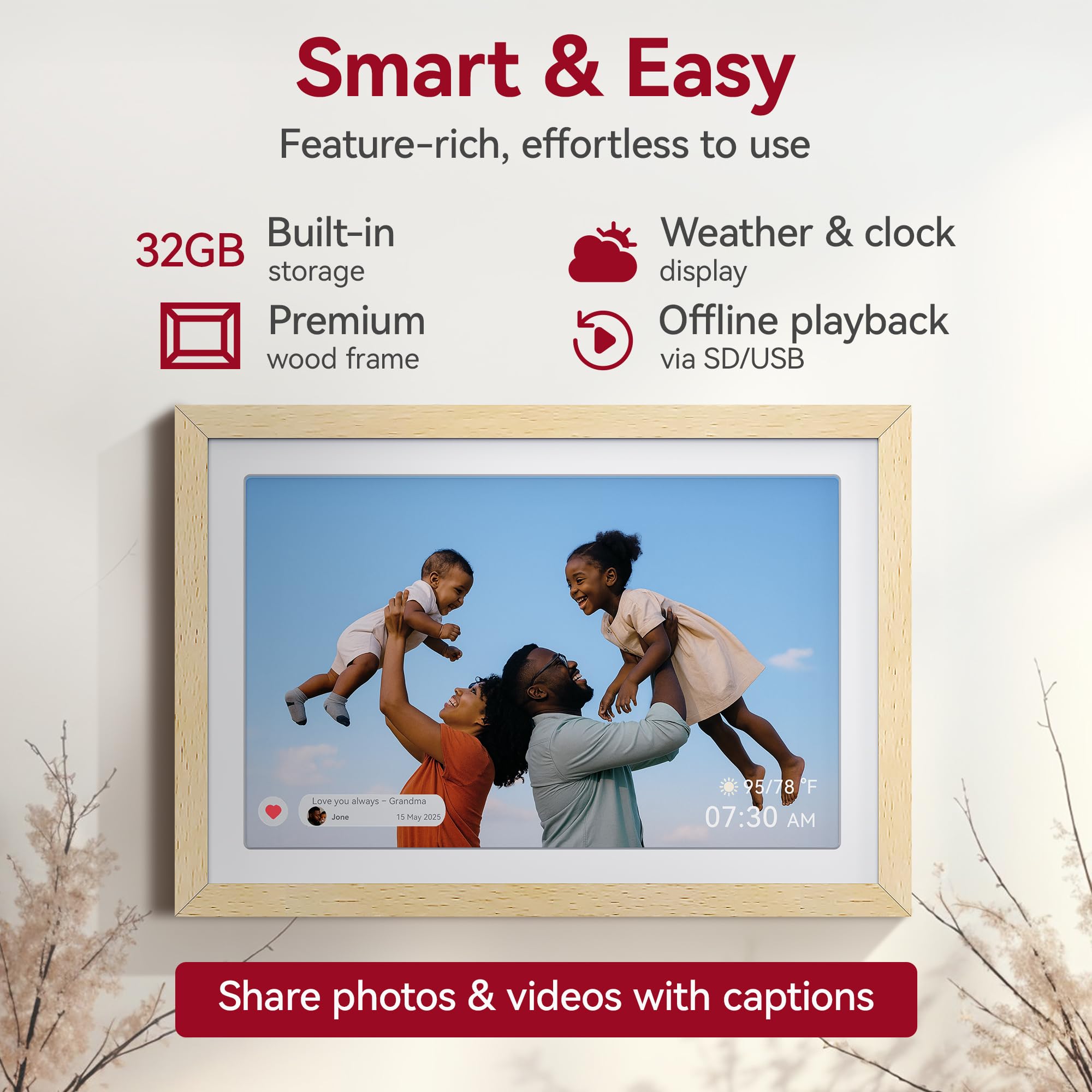 XORO Cornice digitale WiFi da 11 pollici, 1920 x 1080 Full HD 1080P IPS Touch Display 32 GB di memoria, rotazione automatica, legno di faggio, condividi foto istantaneamente da qualsiasi luogo