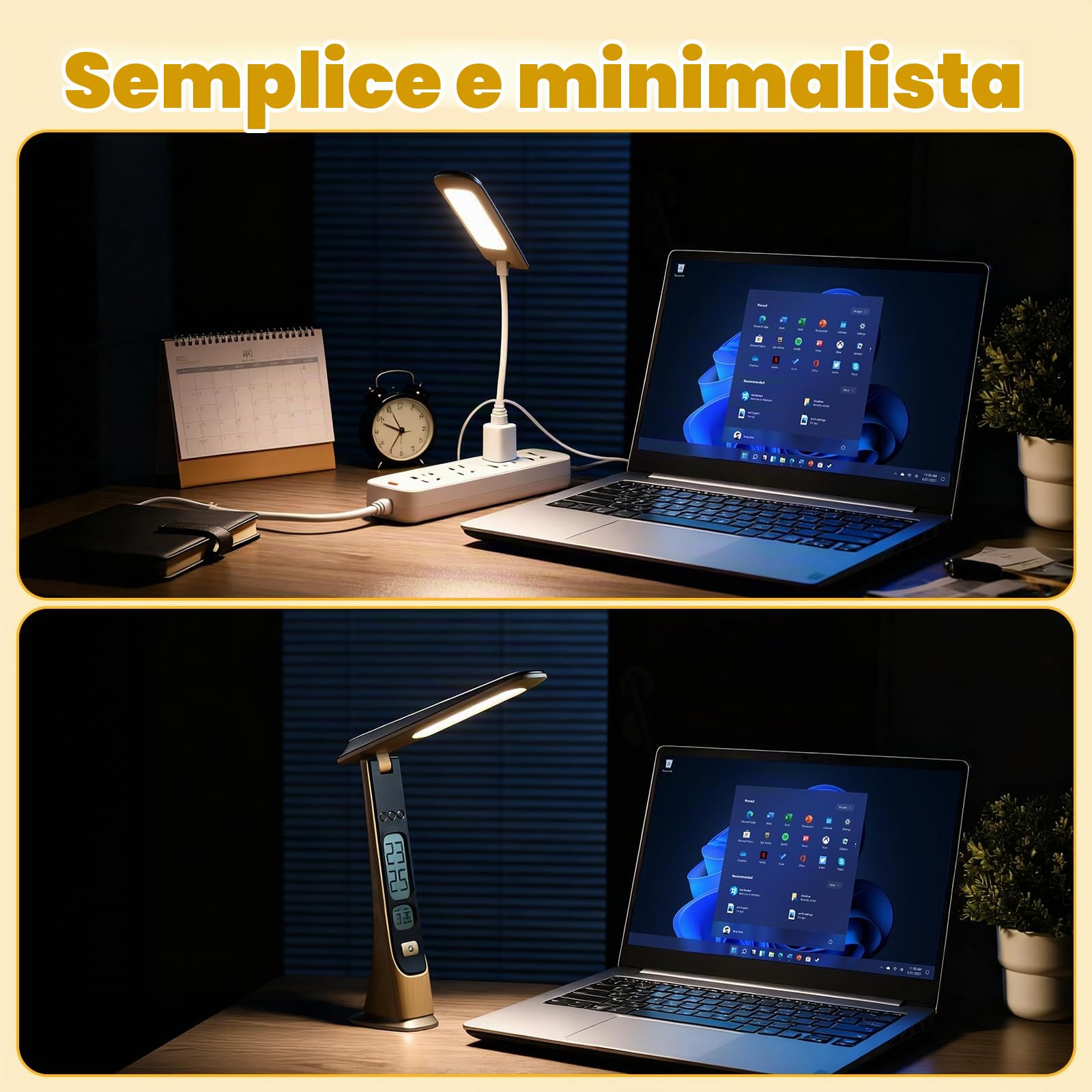 Lampada da Scrivania LED, 3 Colori, Ricaricabile 1800mAh, con Orologio, Controllo Tattile, Pieghevole