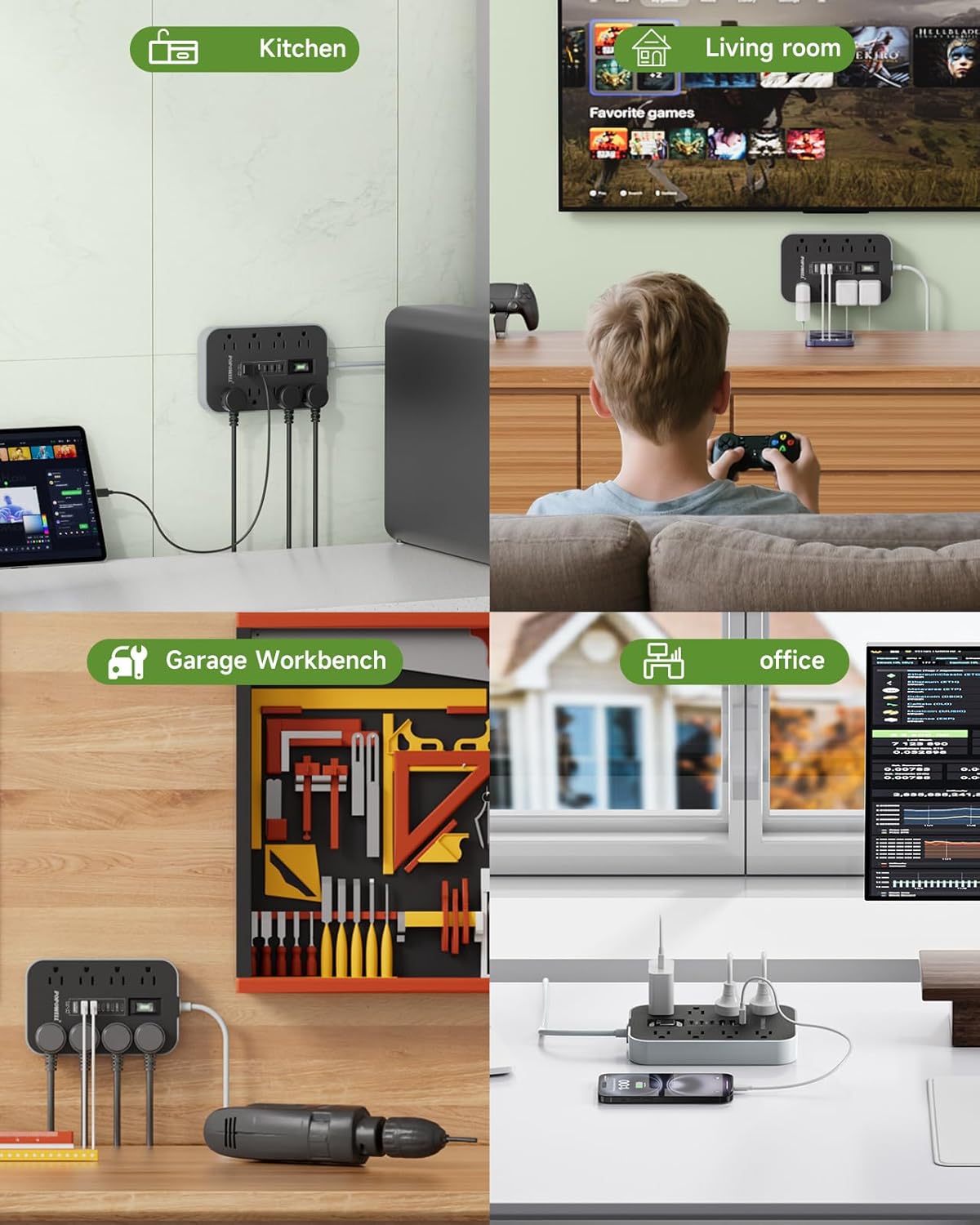 10 FT Extension Cord- Power Strip Surge Protector with 8 AC Outlet& 6 USB Ports(3 USB C) Charging Block, Ultra Thin Flat Extension Cord 10 Feet Wall Amount for Home, Office, Dorm Essentials.