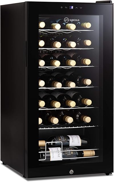 Subcold Viva28 LED Under-Counter Wine Fridge Black | 3-18°C | Wine Cooler | LED + Lock & Key | Glass Door Drinks Cellar | Single-Zone (28 Bottle)