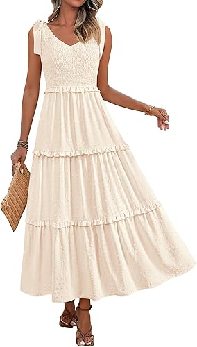 Okiwam Womens Summer Dresses 2025 Sleeveless Tie Strap Maxi Long Flowy Beach Sundresses Boho Swiss Dot Fall Wedding Dresses
