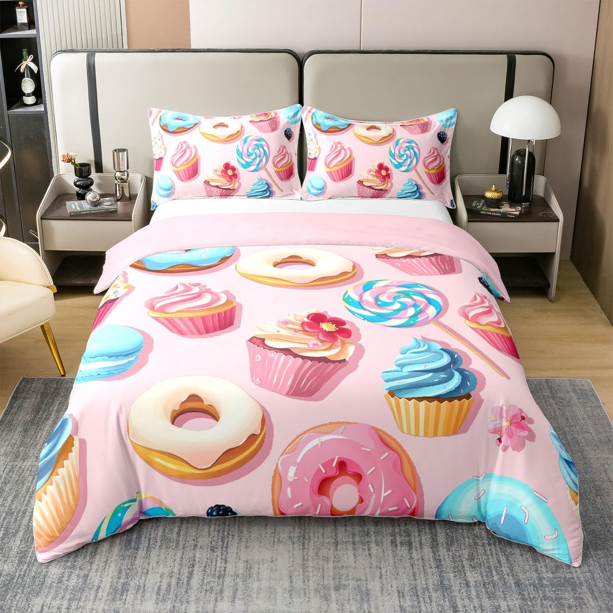 Housses de couette roses en coton 3 pièces comprenant 2 taies d'oreiller Manfei