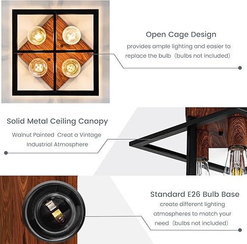 Miniatura 9 de Lámpara de techo semiempotrada, lámpara de techo industrial de 4 luces con marco negro y detalle de grano de madera, iluminación de granja cerca del