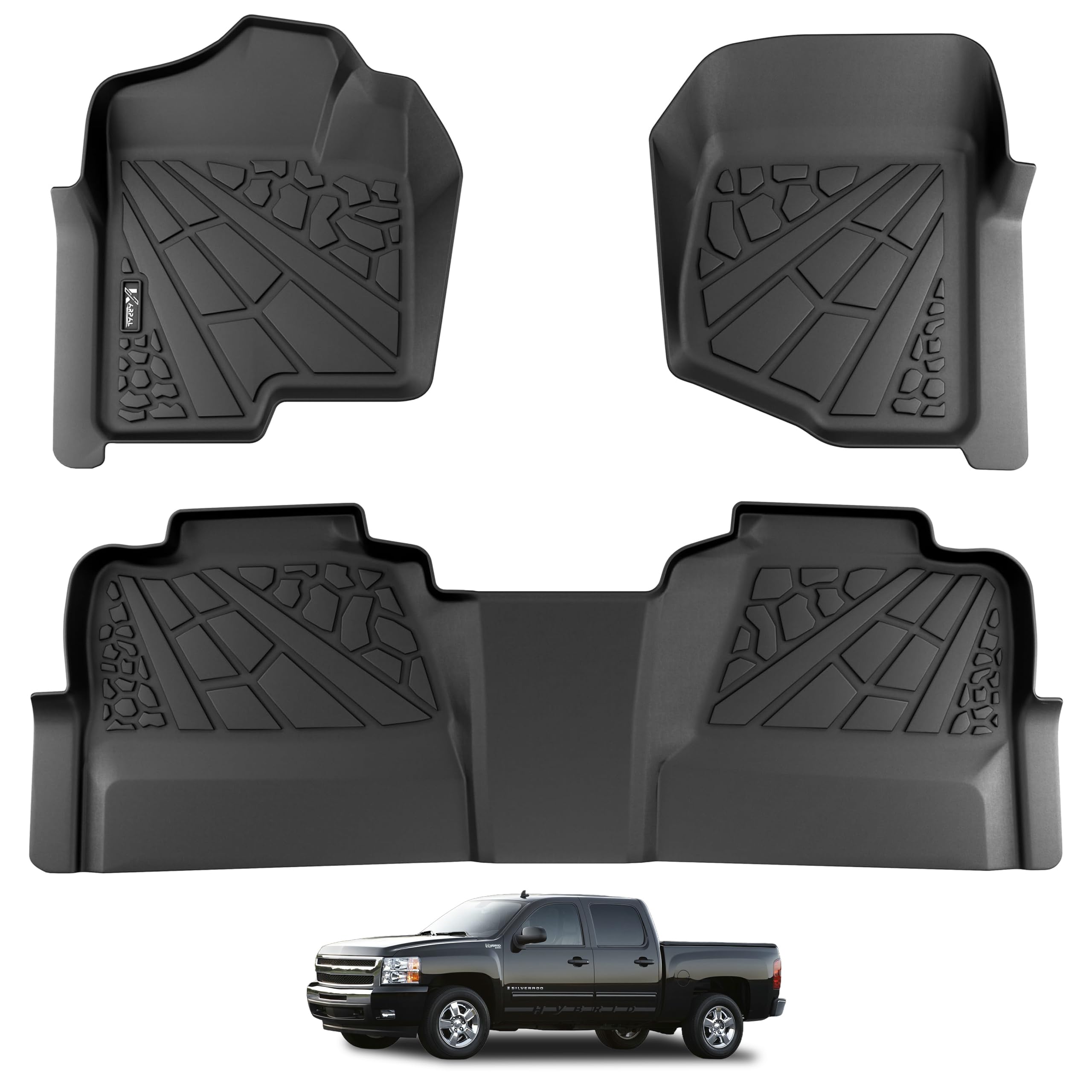KARPAL Floor Mats for 2007-2013 Chevy Silverado & GMC Sierra 1500 Crew Cab | For 2007-2014 2500/3500 HD(Footwell Coverage), All Weather, TPE Material, Custom Fit, Floor Liners, Car Mats, Non-Slip