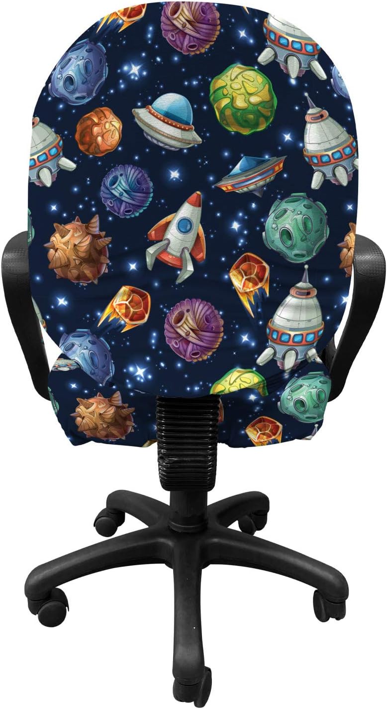 Lunarable Outer Space Office Chair Slipcover, Comic Style Cosmos Elements Alien Planets and Spaceships, Protective Stretch Decorative Fabric Cover, Standard Size, Navy Blue