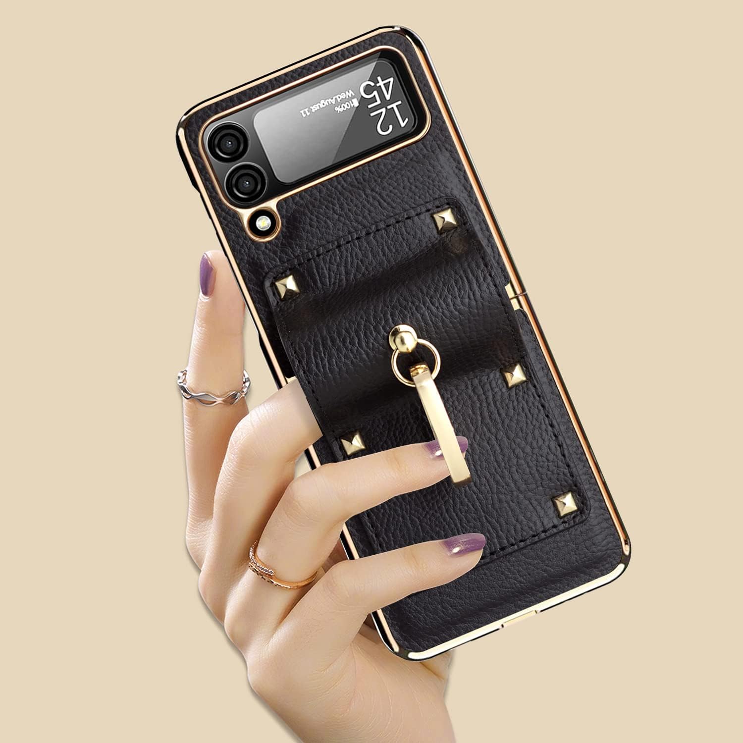 for Samsung Galaxy Z Flip 4 with Luxury Sparkle Ring and Red Soft Leather,Golden Bumper Shockproof Protector,Great Gift for Women Ladys Grils