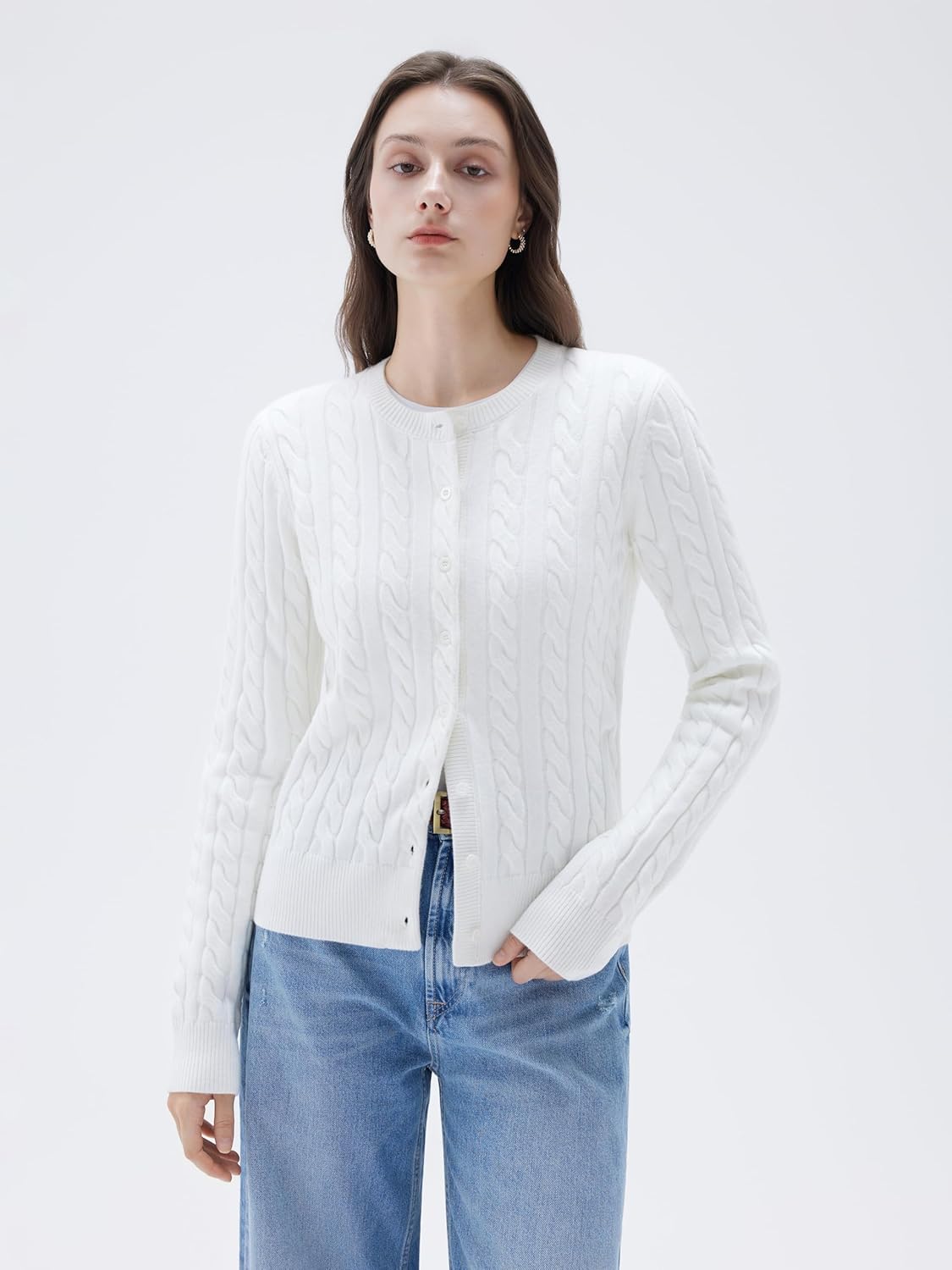 SUUKSESS Women Cable Knit Cashmere Blend Sweaters Crew Neck Button Up Chunky Cardigan Long Sleeve Fall Outfits - Image 2