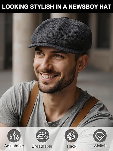 Miniatura 6 de Senker Fashion Gorra de Newsboy para hombre, sombrero irlandés Newsies clásico de 8 paneles de mezcla de lana para conducir taxista de anciano