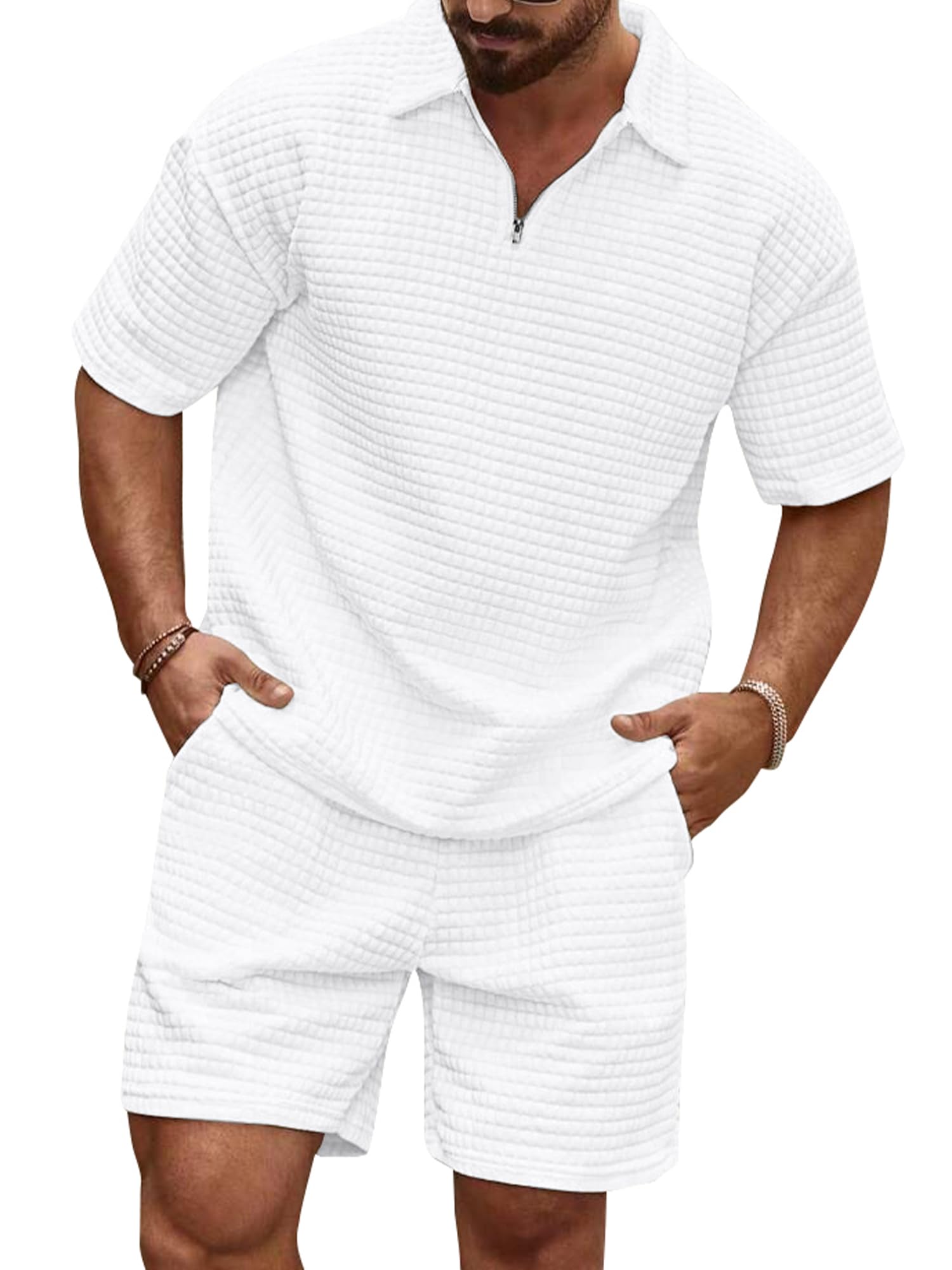 JMIERR Herren 2 Pcs Waffel Polosuit Outfits Halb Zip Polo Shirt und Short Texturiert Sommer Set S-3XL