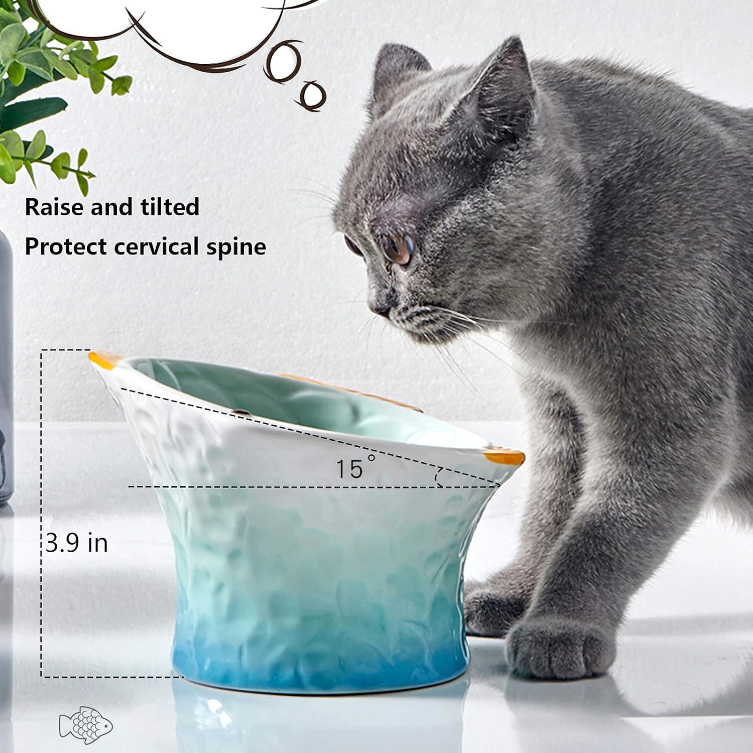 Raised Tilted Ceramic Cat Food Bowls, Cute Fish Shape Elevated Slanted Shallow Angled Cat Dish, Personalized Pet Feeder for Kitten Dry Wet Treats, Ergonomic Anti Vomiting Whisker Fatigue Relief