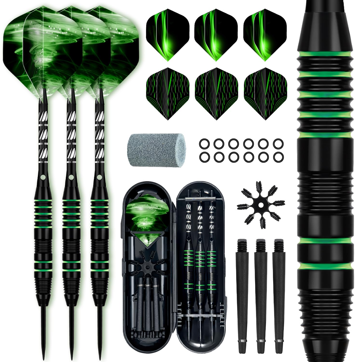 XAWU 3 Pack Steel Tip Darts Set Professional Darts 22g, 24g with 9 Dart Flights 3 Aluminum Shafts 3 Spare Shafts 1 Dart Sharpener 12 Rubber O-Rings Flight Protector and Darts Case
