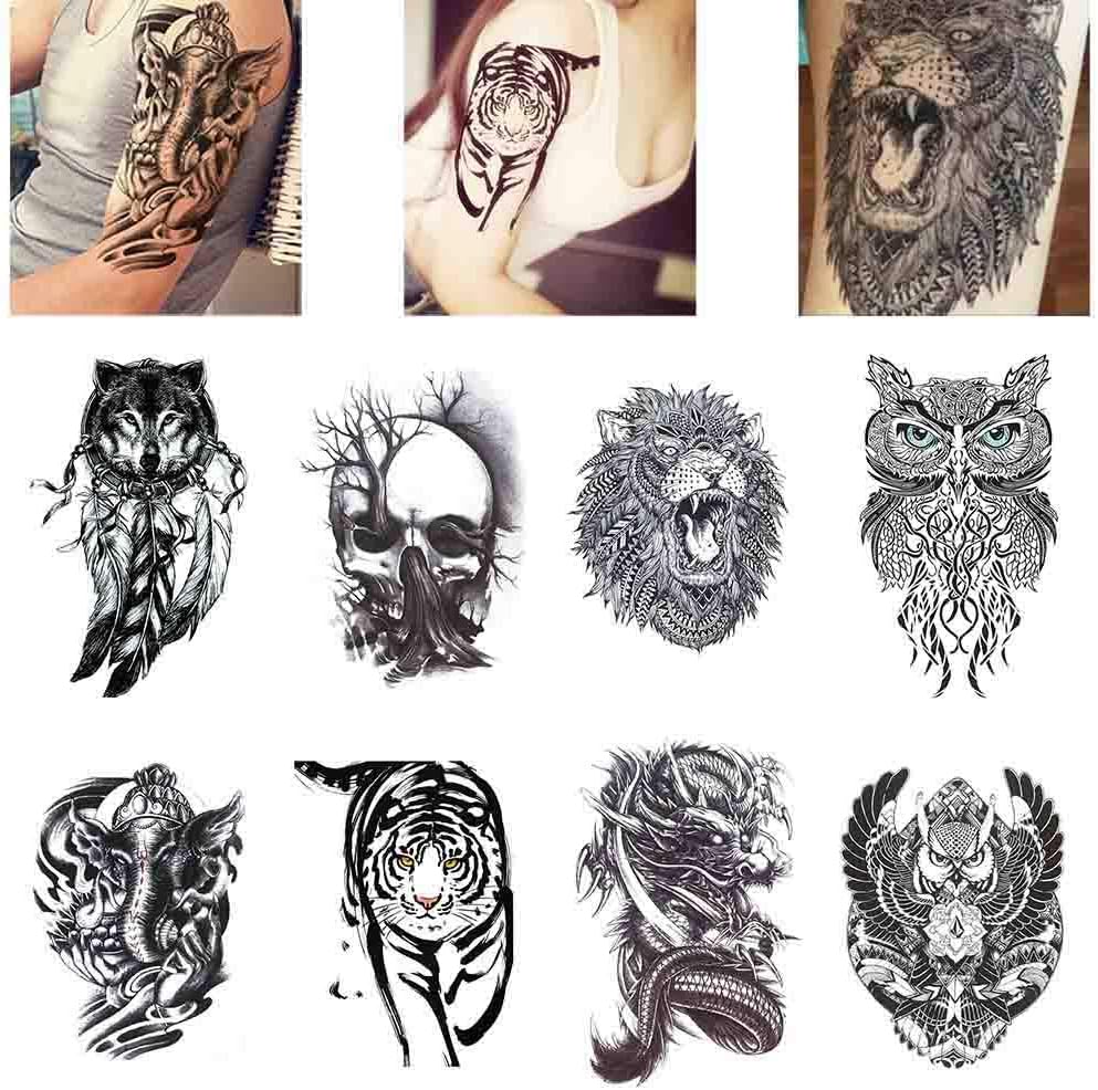 COKOHAPPY 8 Sheets Large Temporary Tattoo Half Arm Extra Sleeve Elephant, Dead Skull, Lion, Owl, Dragon, Tiger, Wolf for Guys Man Shoulder Chest Back