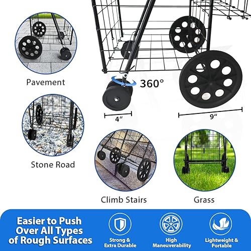 Miniatura 4 de Carrito de compras grande con ruedas de 360 y forro impermeable para comestibles, ropa sucia de compras, plegable, ligero y plegable, extra grande,