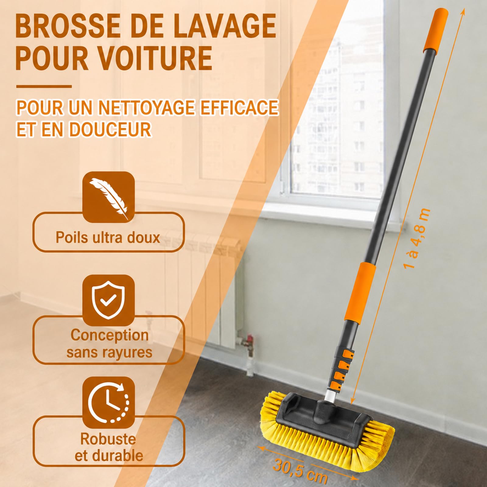 SISUPASSIE Brosse Lavage Voiture Télescopique 4,8m - Brosse Nettoyage Voiture avec Perche Télescopique Et Tête De Brosse Souple 30cm, Brosse Télescopique pour Voiture, Caravane Et Panneau Solaire