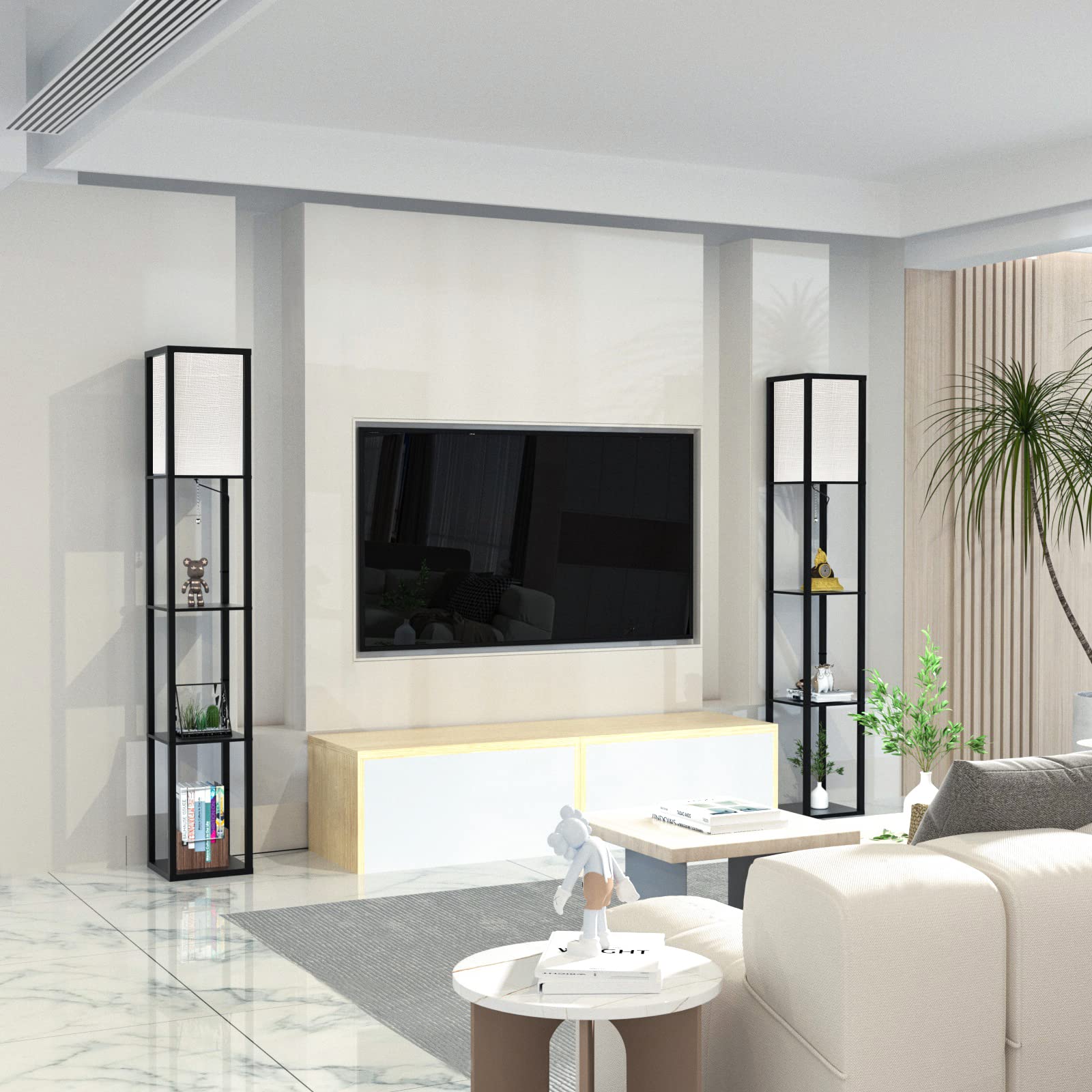 Lampada Salotto da Terra in Legno con Scaffale, Tre temperature di colore Lampada da Pavimento con 3000K-5000K E27 Lampadine, Lampada a Stelo 1.6M, Piantana da Terra per Camera Da Letto e Soggiorno
