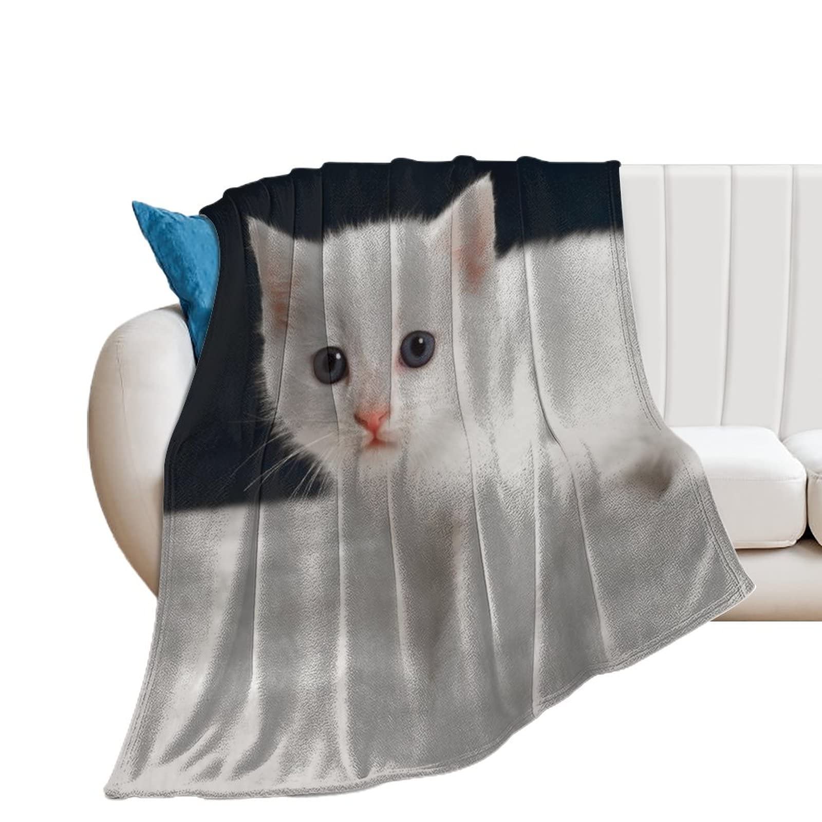 Couverture polaire chaton blanc 130x150cm contre les nuits fraîches