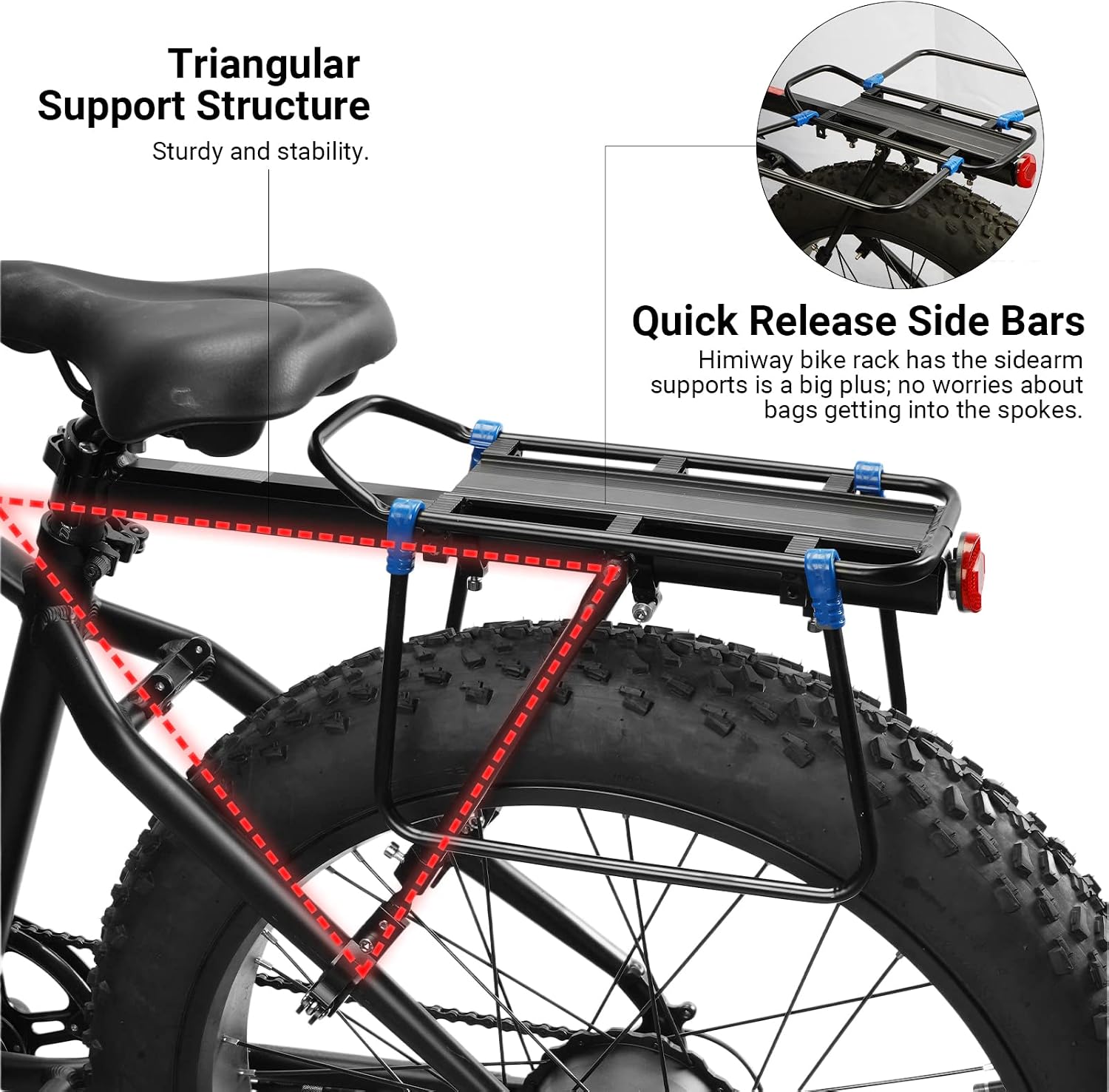 Himiway Rear Bike Rack with Rear Seat Cushion, Bicycle Cargo Rack with Fender Detachable Reflectors, Adjustable Bicycle Carrier Aluminum Alloy Bike Luggage Rack