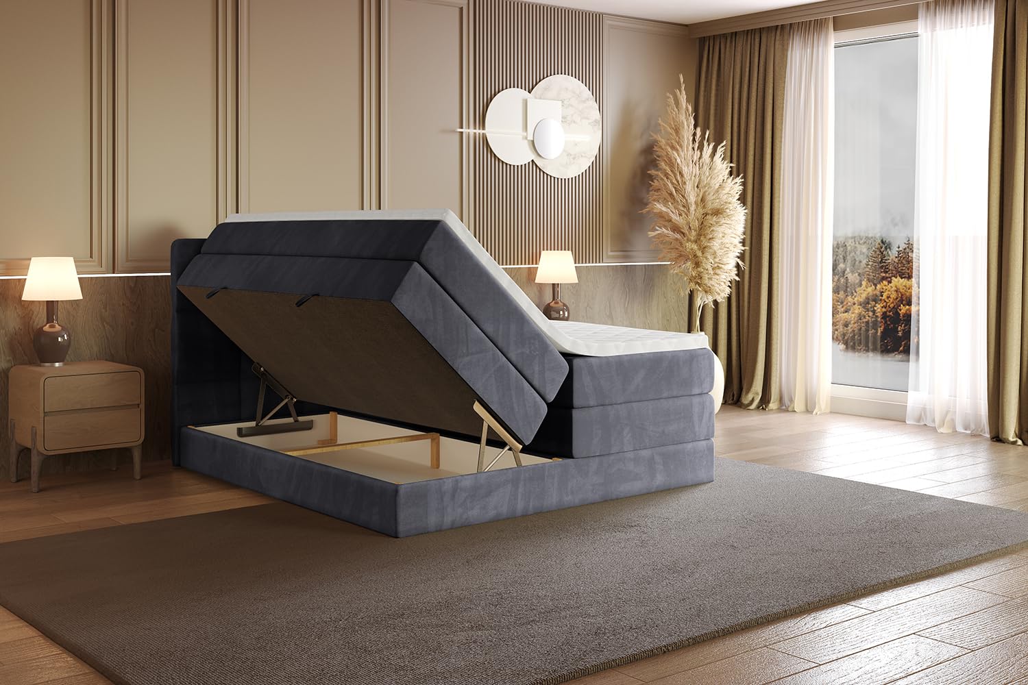 ALTDECOR Boxbett mit H3 H4 Matratze LIRO King - 180x200 - Dunkelgrau
