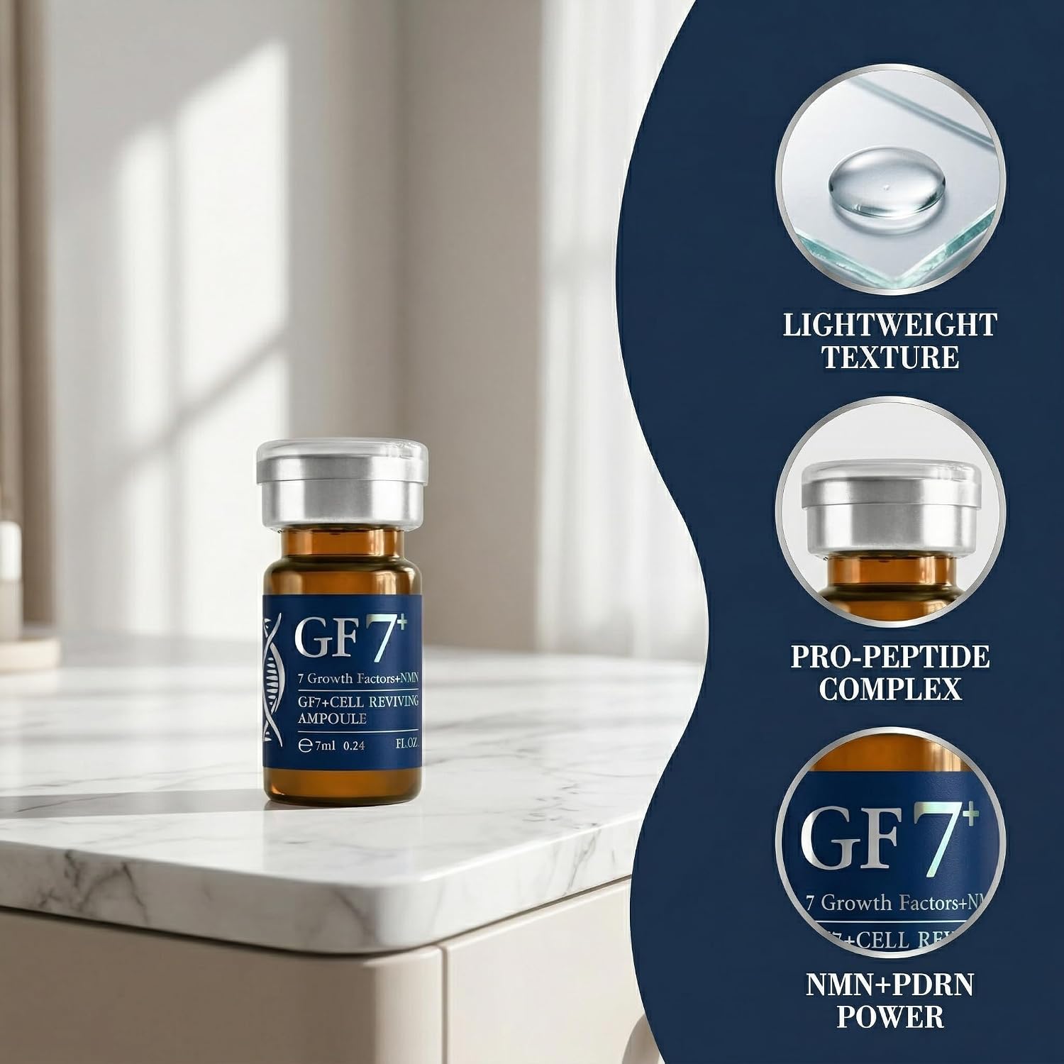 GF 7+ CELL REVIVING AMPOULE – Korean Luxury Pro-Peptide & NMN Treatment for Women & Men, Firming, Brightening & Revitalizing Serum for Smooth, Even-Toned & Younger-Looking Skin (7ml x 6)
