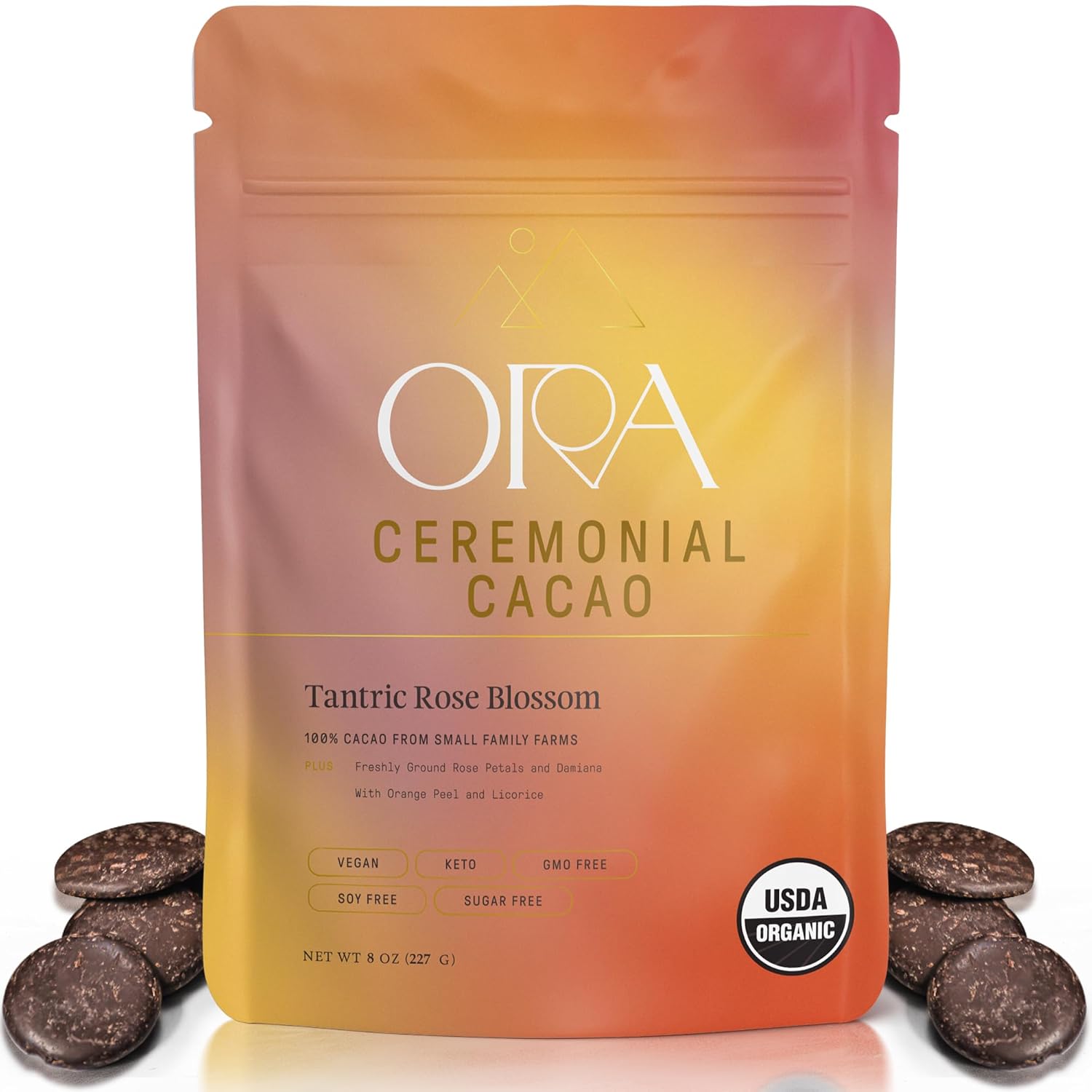ORA Ceremonial Cacao - Tantric Rose Blossom - Organic 100% Cacao with Rose Petals & Damiana - Ethical - High Flavanol - Unsweetened - Heavy Metals Tested - 8oz