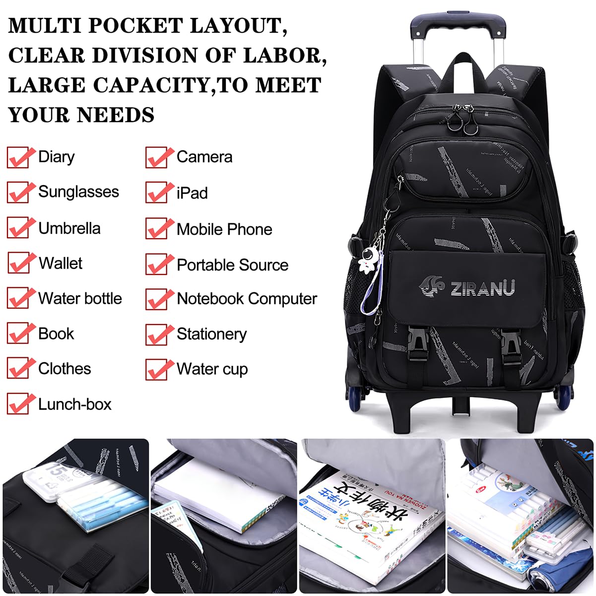 Mochilas Escolares con Ruedas Carro para Mochilas Escolares Niña Niños Grande Bolsas Escolares 6 Ruedas Trolley Bag Mochila Infantil Negro 32x20x46cm
