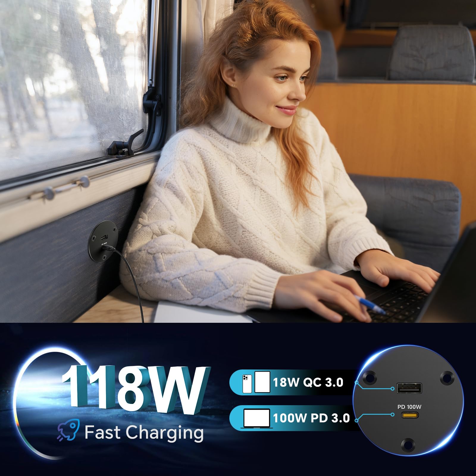 Gniazdo USB 118W 12V, 100W PD3.0 USB-C i 18W USB-A Campervan aluminiowe gniazdo, szybkie ładowanie laptopów do łodzi golfowej, przyczepy kempingowej, ciężarówki, samochodu (2 sztuki)