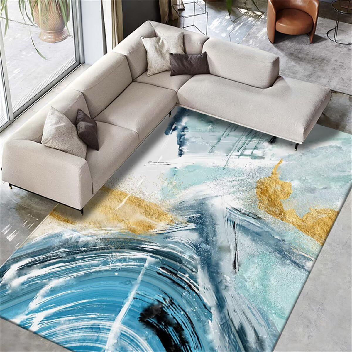 Tapis Priere Enfant Décoration Salon Couleur Jaune et Bleu avec Salon canapé Tapis Chambre Coussin de Chevet antidérapant Bureau Chambre 80X120CM