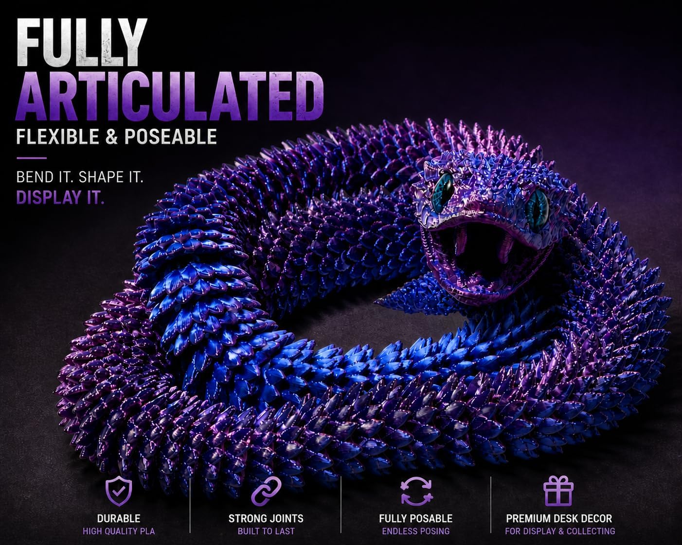 Articulated Crystal Snake with Moving Jaw, 22.8-Inch Flexible 3D Printed Fantasy Collectible, Poseable Desk Decor, Ages 14+ (Purple) image 4
