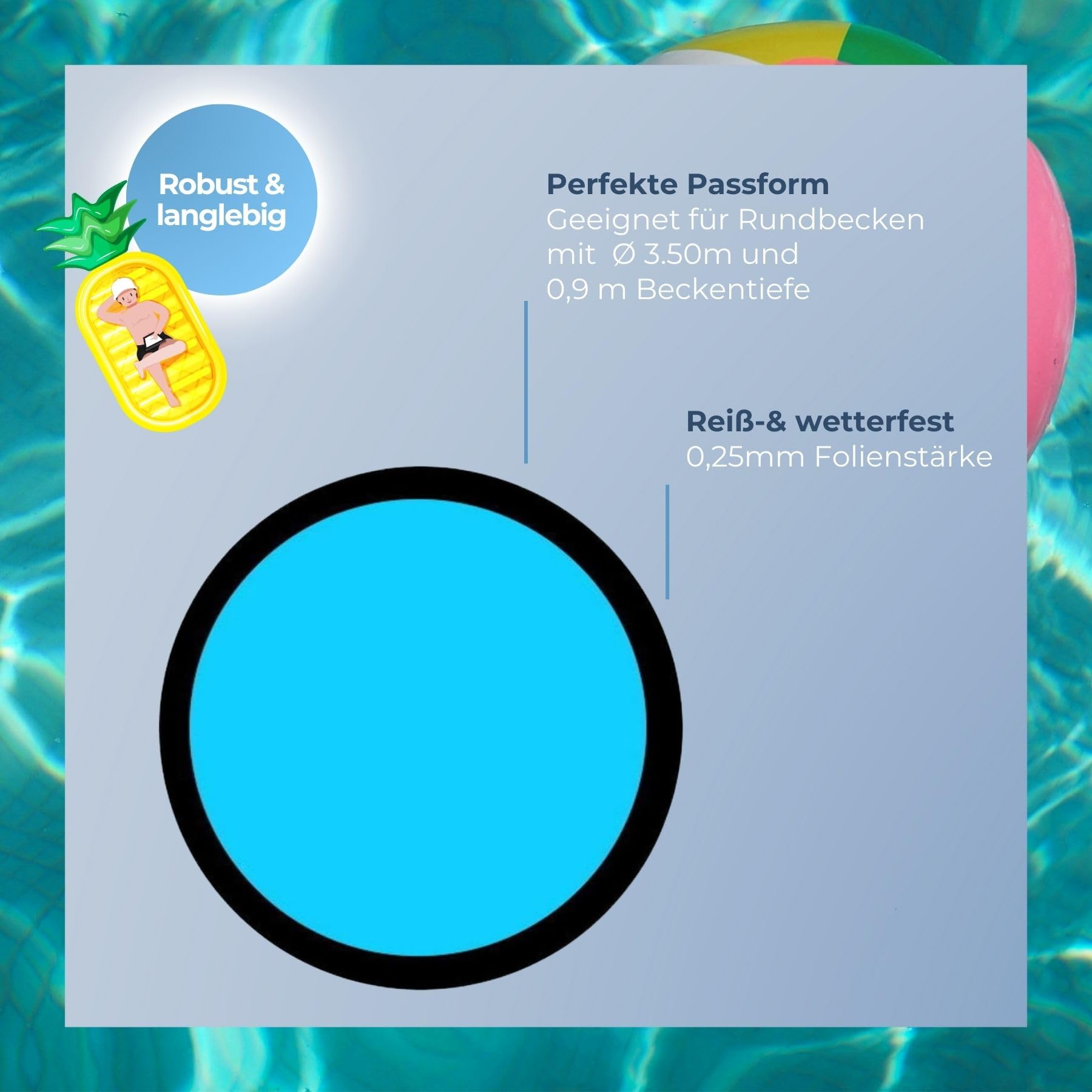 Poolfolie 3,50m x 0,9m I 0,25mm Folienstärke I Reißfeste Pool Innenfolie rund in Standard Blau I Hochelastische & UV-stabilisierte Poolunterlage I Kältebeständige Rundpool Ersatzfolie