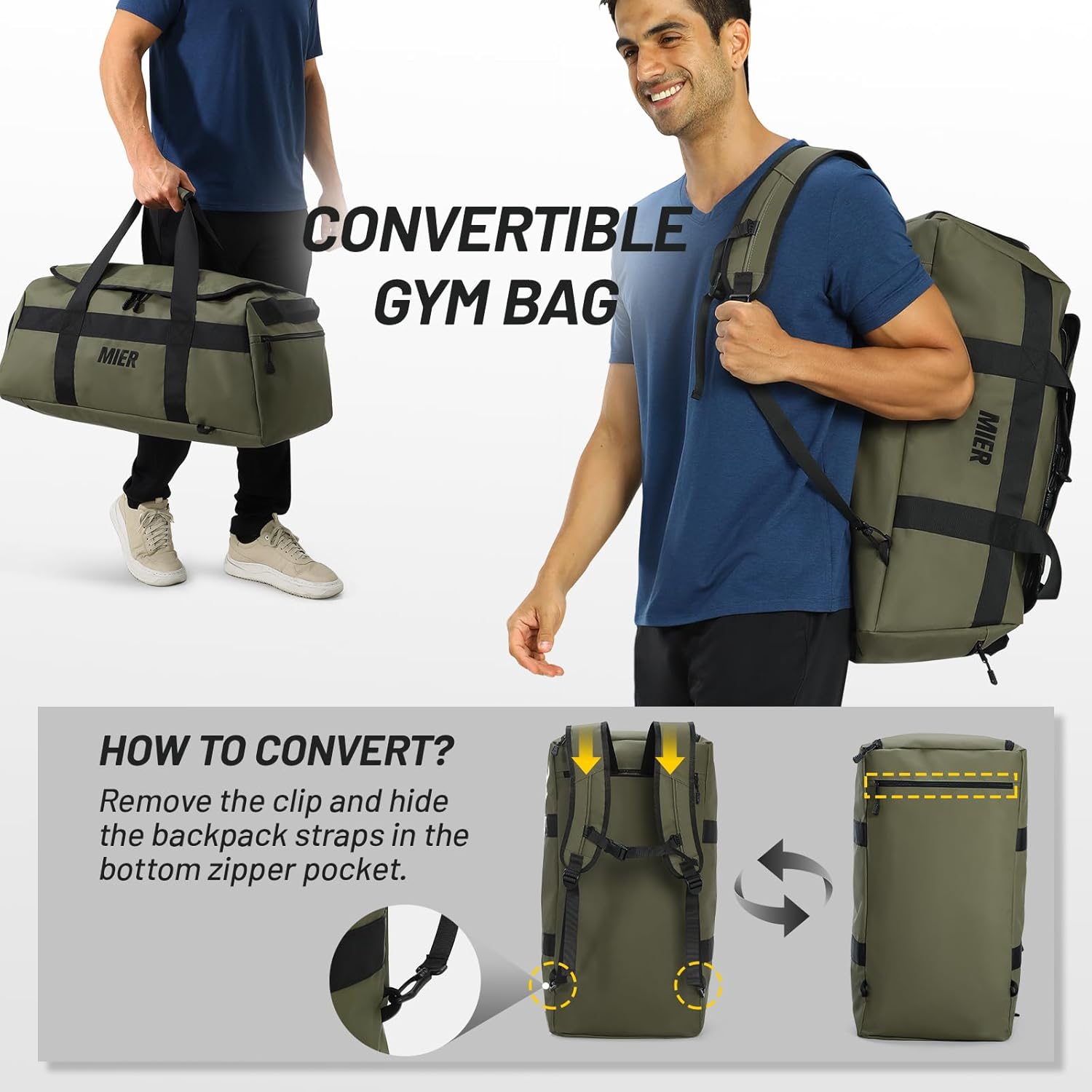 MIER Gym Bag for Men Large Duffel Backpack with Shoe Compartment, 60L Convertible Duffle Bags Weekender Overnight Bag for Gym Sports Travel, Green - Image 2