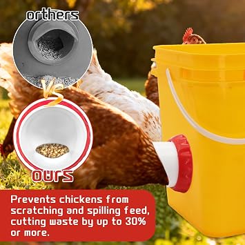 DIY Chicken Feeders 4 Ports White No Waste | Automatic Rain Proof, Poultry Feeder Kit, Includes 1 Hole Saw, for Buckets Barrels Bins Troughs