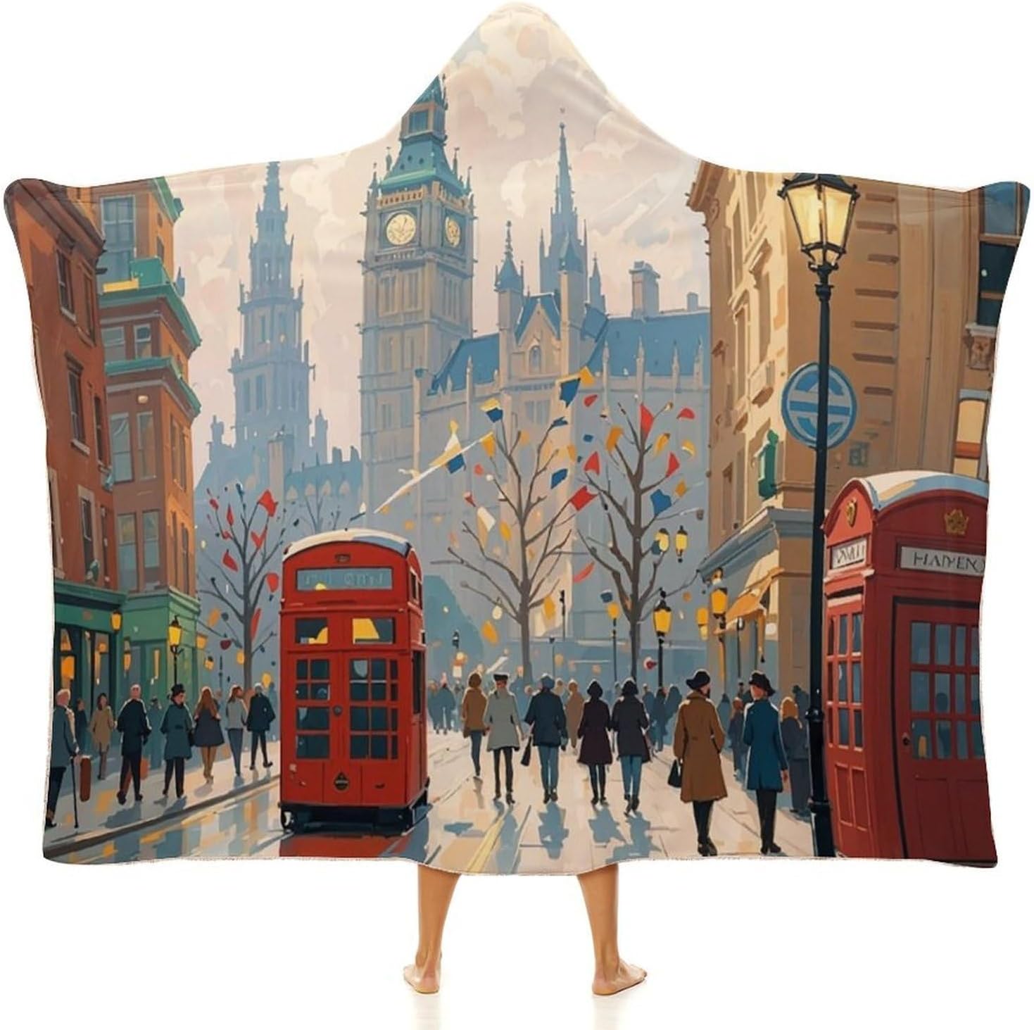 London Impression Wearable Fleece Blanket with Hood for Men & Women Oversized Hoodie Blanket Soft Cozy Gift-