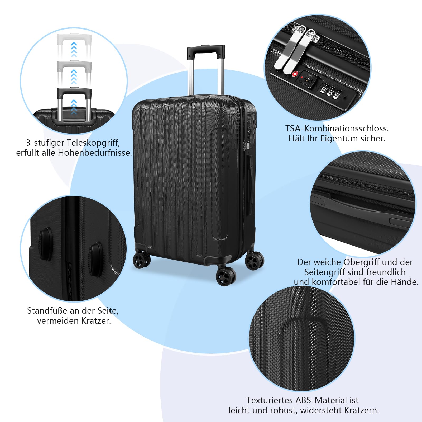 Zwillingsrollen 4 Teilig Hartschalen Kofferset mit Rollen & TSA-Schloss, Leicht Koffer & Trolleys Handgepäck Einfach und Modern Reisekoffer Beinhaltet XL Mittel Klein (Schwarz)