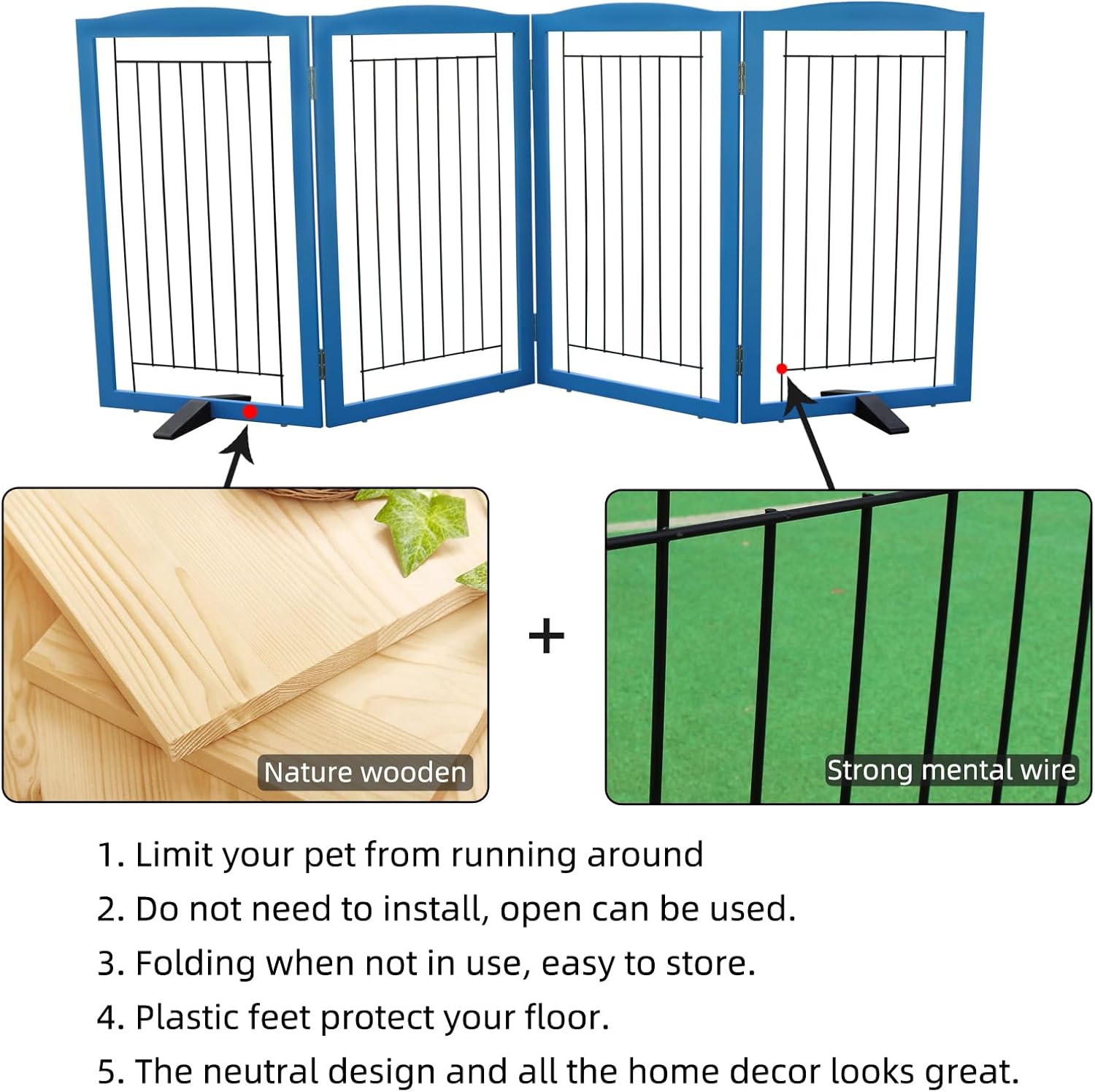 ZJSF Freestanding Dog Fence Indoor, Foldable Dog Gate for Doorways, Stairs or Hallways, Sturdy Wood Extra Wide Pet Gate with Support Feet for The House, Blue, 32 "Height-4 Panels