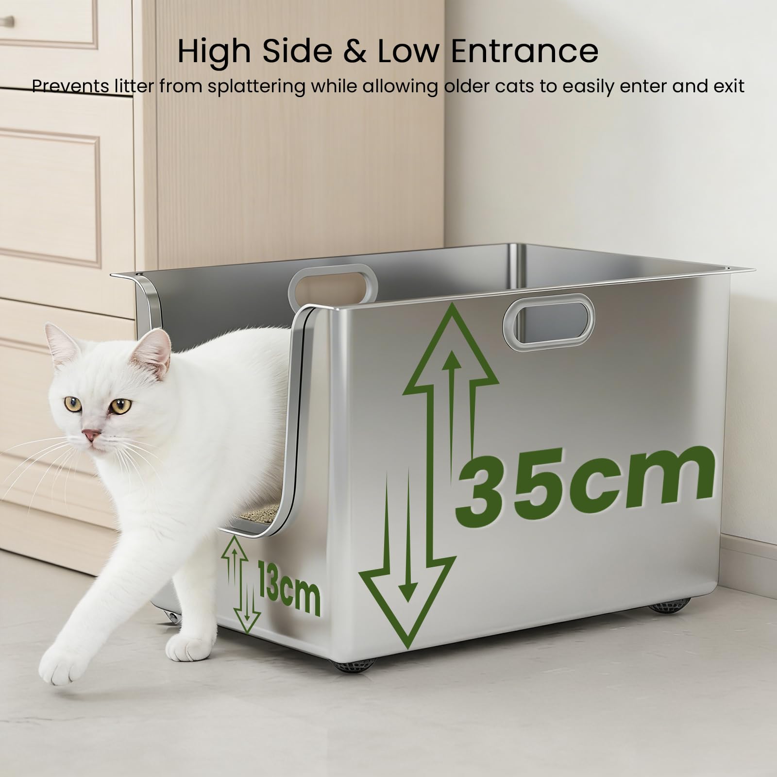 PTLOM Kuweta dla kota ze stali nierdzewnej dopuszczonej do kontaktu z żywnością XXXL 35 cm, wysokie krawędzie, odporna na rdzę, szczelna, niskie wejście dla starszych kotów + kółka – idealna dla