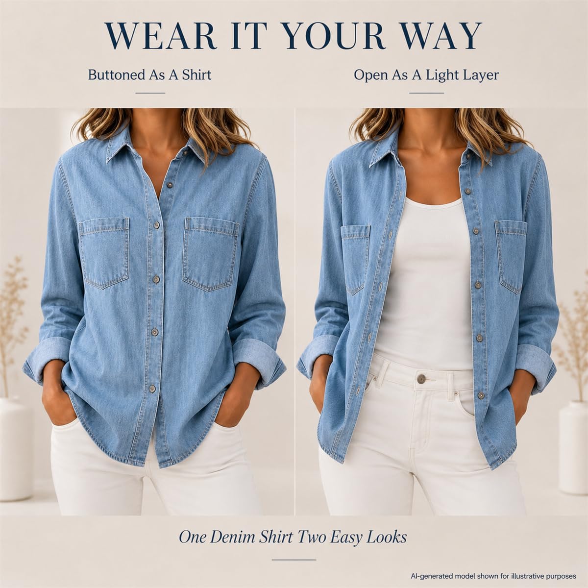 Chemise Jean Femme Manches Longues Coupe Ample Boutonnée avec Poches