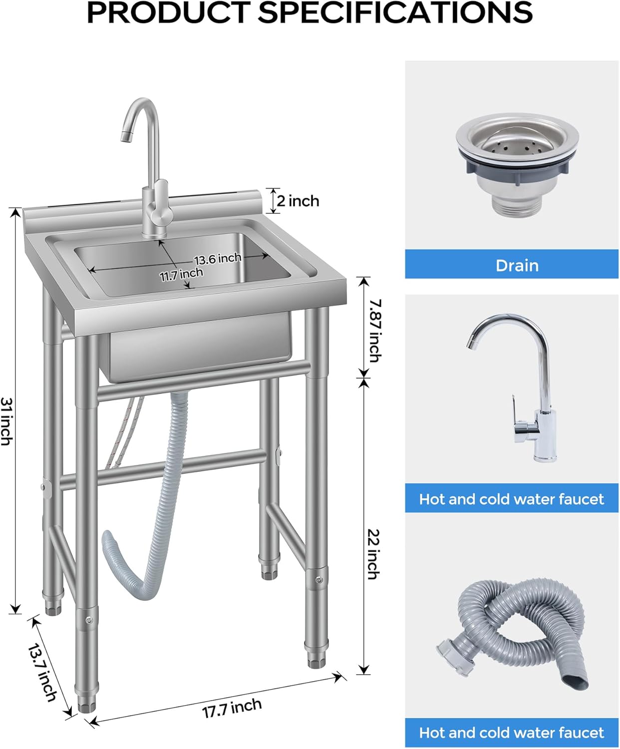 free standing utility sink, 18" single bowl stainless steel commercial sink with cold and hot water pipe, for kitchen, laundry 18×14×31 inch